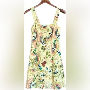 Women’s FARM RIO, COLORFUL BIRDS LINEN MINI DRESS, YELLOW MULTI, XS